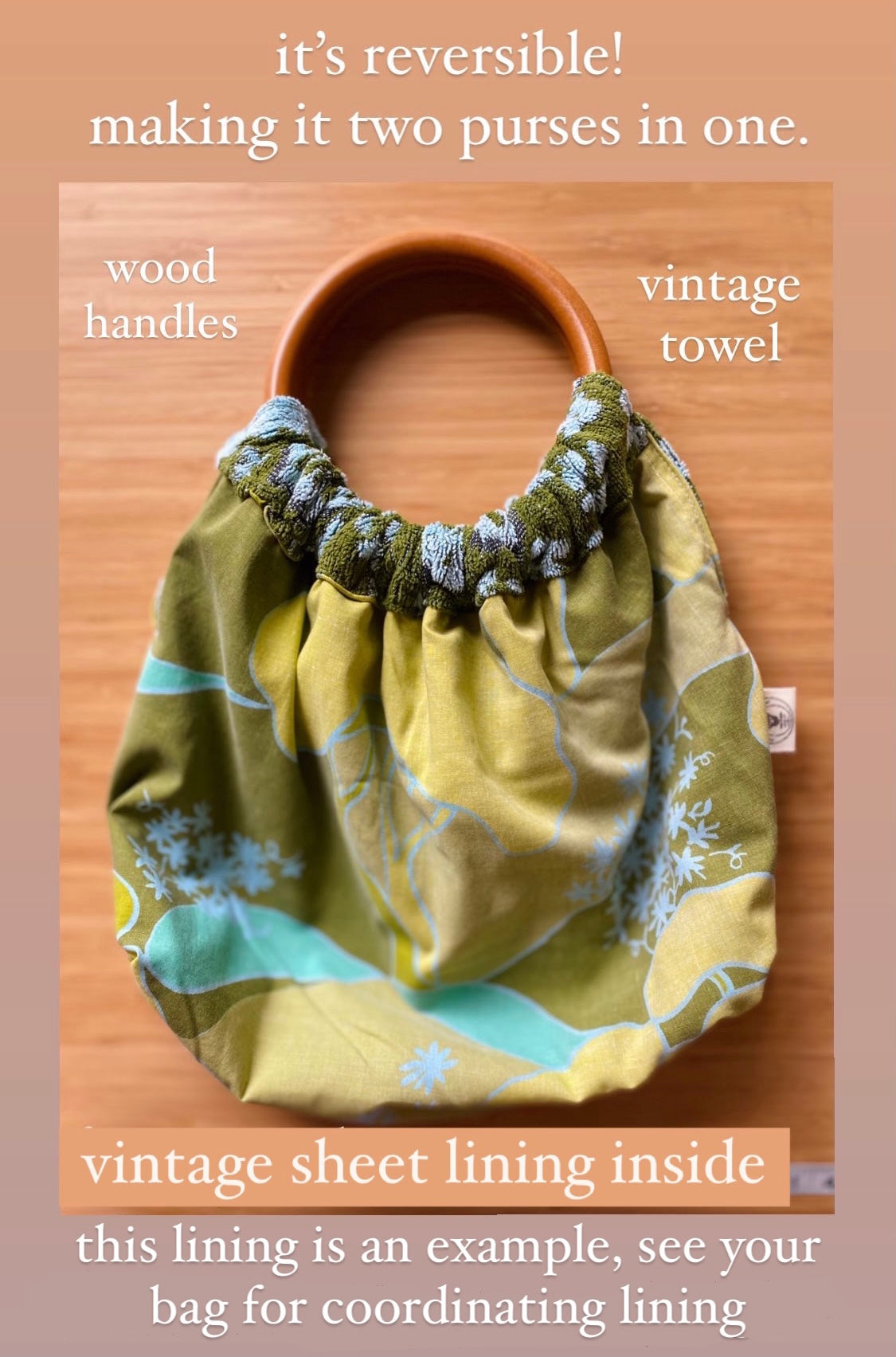 Reworked deals Vintage 60s Towel Made into a Handbag Purse with Wooden Handles